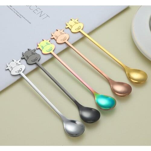 2021 New Stainless Steel Coffee Spoon Creative Cartoon Cute Cow Head Dessert Spoon Stirring Spoon Hanging Cup Spoon