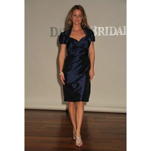 Retro Short Pleated Taffeta Mother of Bride Dresses Sheath Knee Length Zipper Navy Blue Abendkleider Robes de Soirée for Women