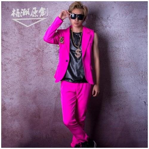 Nightclub Male Singer Ds Dj Brand Beautiful Rose Red Half Sleeve Suit Slim Suits Men Hairdresser Bar Performance Costume S-4xl