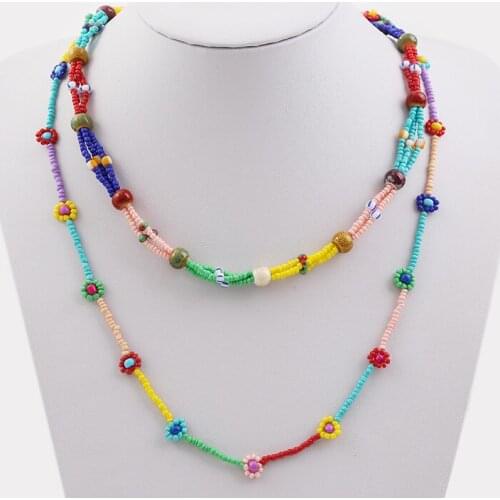 ZA Boho Multicolor Layered Handmade Beaded Flowers Necklace Bohemian Statement Weave Long Necklace Fashion Jewelry Gifts