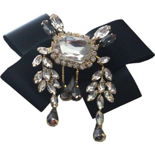 Fashion champagne Austrian crystal stone Rhinestone tassel black Bow big brooches Famous design lapel pin girl jewel