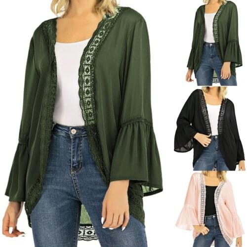 Fashion Womens Casual Solid Colors Lace Long Sleeve Chiffon Cardigan Loose Kimono Thin Sunscreen Tops Outerwear Jacket Coat #T1G