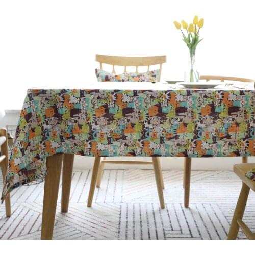 Cartoon Tablecloth Sytlish Linen Cotton Table Cover Cloth Country Style Multifunctional Rectangle Cats Patterned Home Kitchen