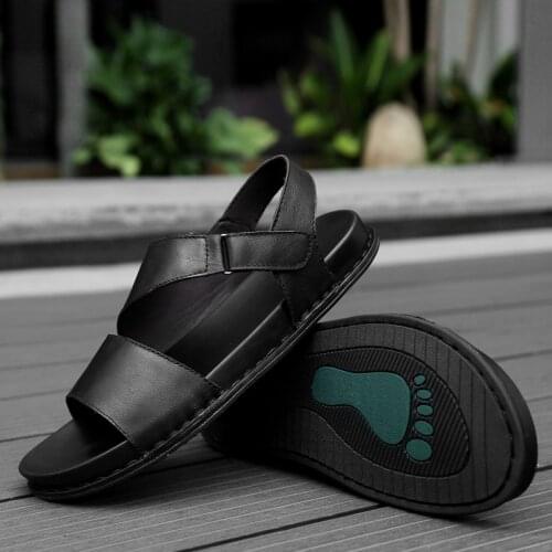 Mens Outdoor Beach Shoes Genuine Leather Comfortable Walking Summer Outdoor Slippers Casual Shoes Breathable Flat Shoes