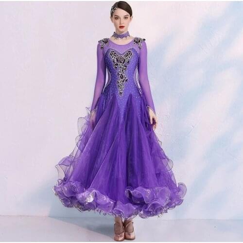 New Long Sleeves Floating Rhinestones Ballroom Dance Competition Dress For Women Waltz Dress Modern Dance Costumes