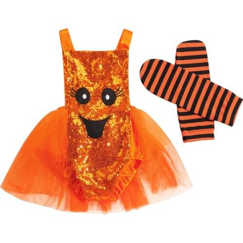 Halloween Clothes For Newborns 2021 Halloween Cartoon Patterns Square Neck Sleeveless Romper Striped Leg Warmer Baby Girls Set