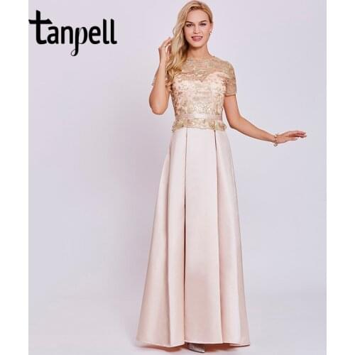 Tanpell embroidery evening dress champagne short sleeves floor length a line gown women sequins prom long formal evening dresses