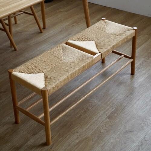 Nordic Solid Wood Shoe Changing Stool Long Woven With Cowhide Rope Simple Modern Japanese Style Dining Chair Bench Furniture