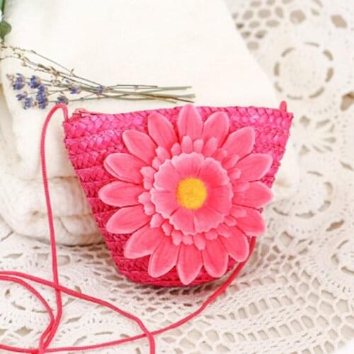 College wind lovely flower straw bag mini Messenger woven bag shoulder womens key purse childrens beach bag