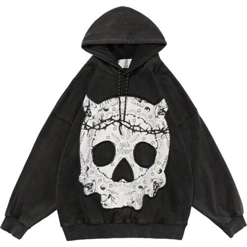 Hoodie Men Gothic Retro Skull Patch Hooded Pullover Distressed Oversized Sweatshirt Punk High Street Hipster Streetwear