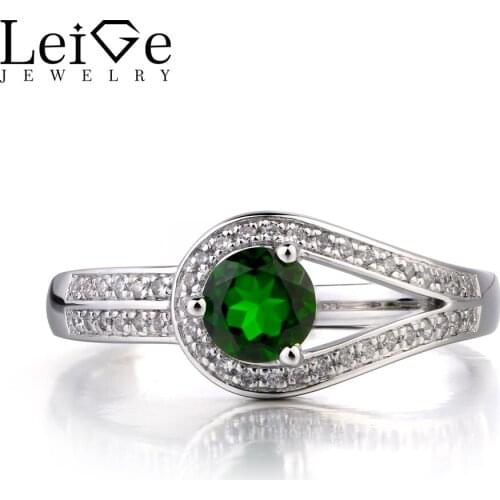 Leige Jewelry Wedding Ring Natural Chrome Diopside Ring Round Cut Green Gemstone Solid 925 Sterling Silver Ring Gifts for Women