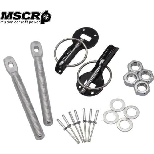 Universal Logo Car Racing Engine Bonnet Silver Hood Pin Flip Over Security Lock Kit Set
