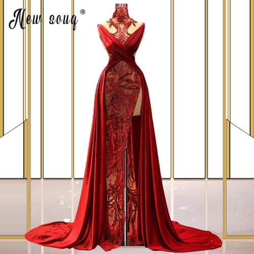 Red Illusion Mermaid Evening Dress High Neck Pleated and Beading Lace Appliqued Prom Gown wit Train African Longue Robes Pageant