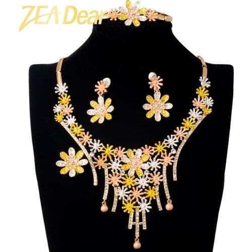 ZEADear Jewelry Sets Hot Sale Bridal Wedding Three Tone Flower Shape Earrings Necklace Bracelet Ring For Women Romantic Gift