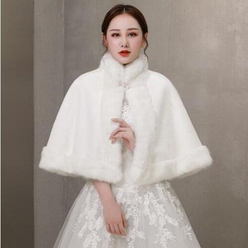 Womens Faux Fur White Bridal Shawl Warm Dress Stole for Winter Wedding Evening Coat