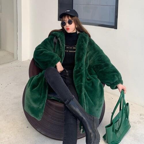 Autumn New Fashion Long Drawstring Hooded Thicken Faux Rabbit Fur Coat Women Winter Korean Loose Oversized Warm Outerwear Female
