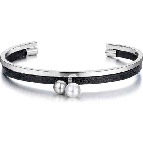 Original Design Titanium Steel Round Ball & White Pearl Charm Bracelets For Women Trendy Black Leather Bangle B20071