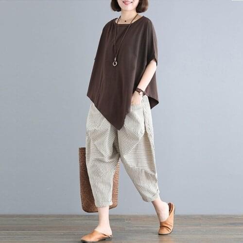 Cotton and Linen Women Two Piece Set Casual Vintage Loose Lady Batwing Sleeve Tops Striped Pants Suits Summer Clothes 2021 Y736