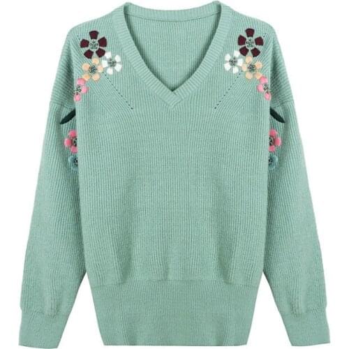 Womens Sweater 2021 Spring Autumn New Loose V-Neck Long Sleeve Warm Pullover Embroidery Top Soft Casual Female Costume Basic