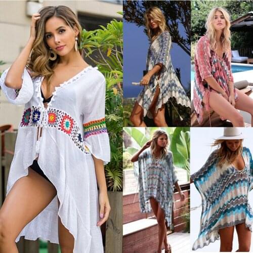 Womens Summer Bikini Dress Beach Wear Bikini Cover Up Boho Beach Dress Robe Swimwear Ladies Swing Sun Dress Womens Swimsuit