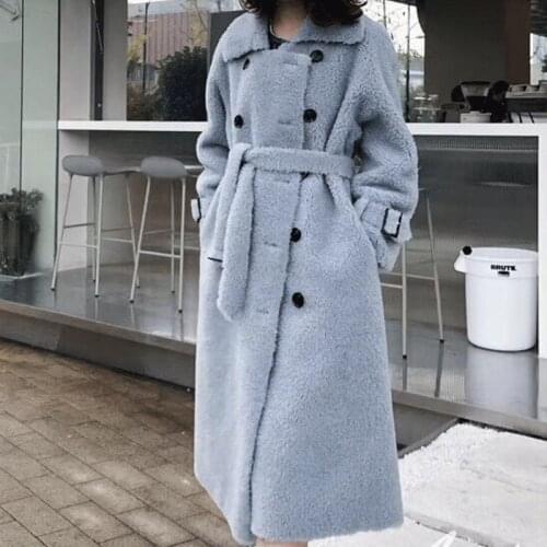 Wenfly Women Wool Coats Ladies Double Breasted Thick Warm Sashes Coats Female Loose Casual England Faux Lamb Fur Outerwear