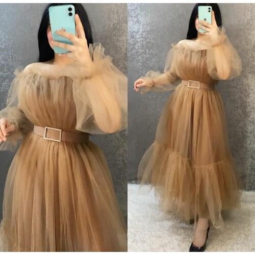 Vintage Boat Neck Tulle Pleated Muslim Evening Dresses Long Sleeve Champagne Abendkleider Robes de Soirée for Women