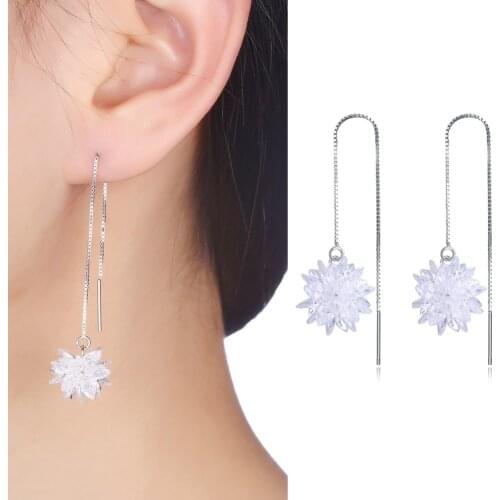 925 Silver White Ice Flower Long Chain Dangle Earring For Women Wedding Jewelry Gift