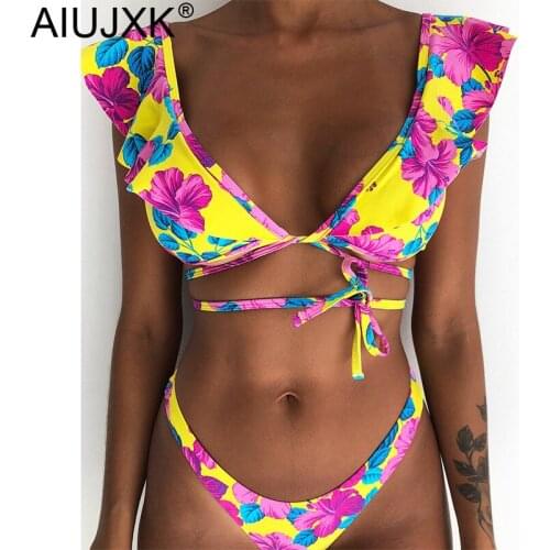 AIUJXK Summer Floral Print Bikini Set For Women Beach Sexy Bandage Swimwear Female Ruffle 2 Piece Swimsuit Woman Swiming Suit
