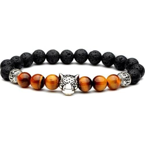 Druzy Ancient Rhodium Leopard Head Bead Bracelet 8mm Natural Stone Tiger Eye Stone Volcanic Stone Hollow Ball Bracelet