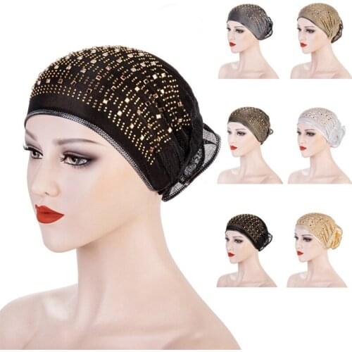 Women Under Scarf Muslim Rhinestone Bone Bonnet Scarf Hijab Islamic Flower Beanie Inner Cap Hair Loss Cover Adult Skullies Cap