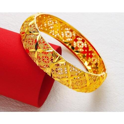 Drop Shopping Gold Filled hollow flower bangles & bracelets F women, pure Gold color Wedding Cuff Bangle,wholesale women jewelry