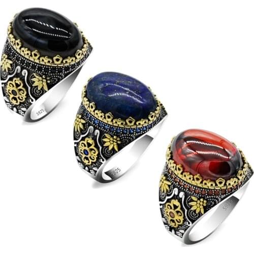 New style lapis lazuli eye agate ring Turkish style 925 sterling silver mens red zircon ring, vintage engraving design