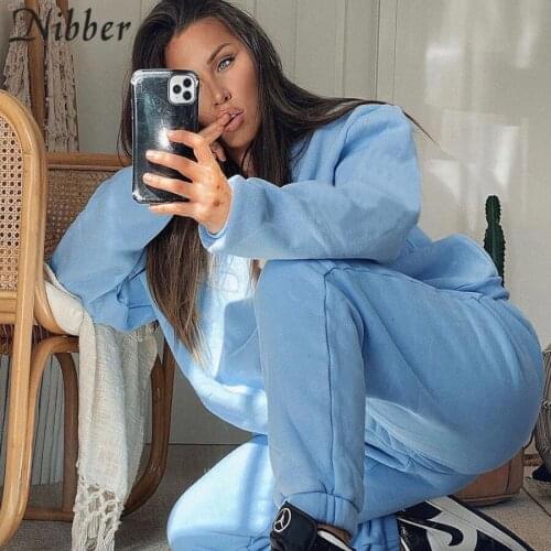 Nibber Letter Print Two Piece Set Women Basic Model Flocking Casual Loose Simple Top+Elastic Waist Sporty Pant Jogger Sportswear