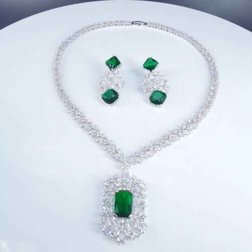 2020 New fashion vintage green CRYSTAL Square CZ zircon necklace earring set wedding bridel banquet dinner dressing jewelry set
