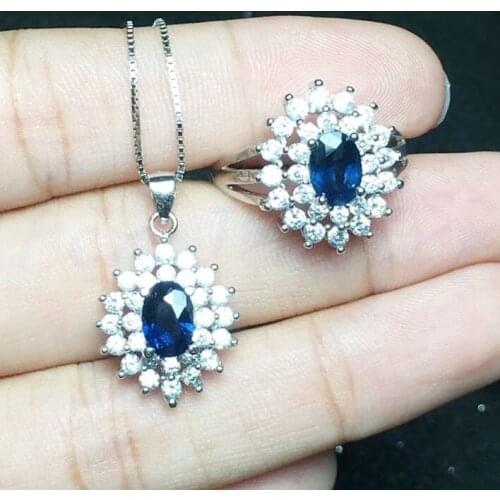 Sapphire set Free shipping Natural real sapphire 1pc ring 1pc pendant 925 sterling silver 0.6ct*2pcs gemstone #XY18101901