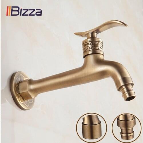 Bibcock Long Garden Use Crane Antique Solid Brass Bathroom Mop Sink Faucet Laundry Wall Mount Washing Machine Cold Water Taps