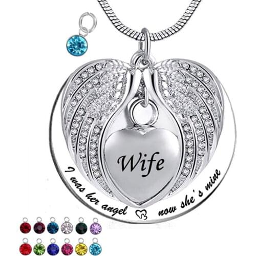 Angel Wing Urn Necklace for Ashes, Heart Cremation Memorial Keepsake Pendant Necklace Birthstone Jewelry with Fill Kit and Gift