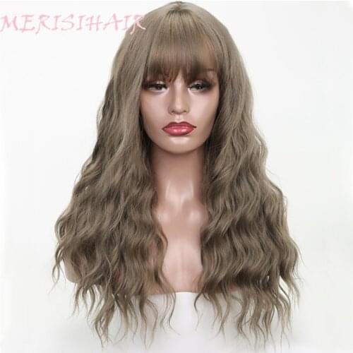 MERISI HAIR 26" Long Grey Brown Womens Wigs with Bangs Synthetic Wavy Wigs for Black Women African American