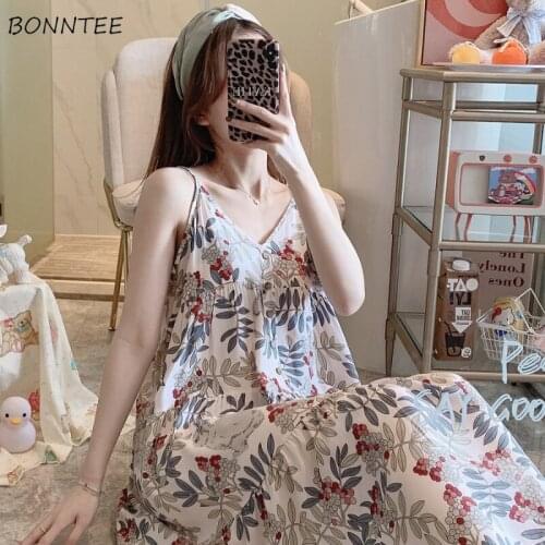 Nightgowns Women Sleeveless Backless Knee-length Printed Summer Elegant Sexy Ruffles Leisure Stylish Camisola Nightdress Baggy