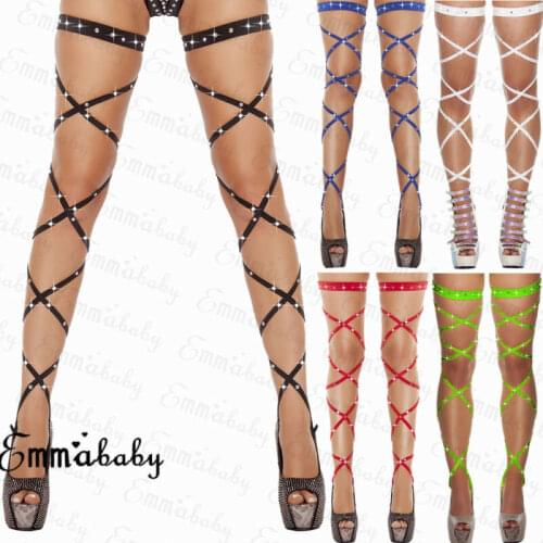 New Women Lingerie Bandage Shiny Fishnet Stockings Thigh-High Rhinestone Leg Wraps