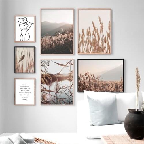 Mountain Wheat Reed Autumn Landscape Poster and Prints Abstract Line Art Canvas Painting On The Wall Pictures for Living Room