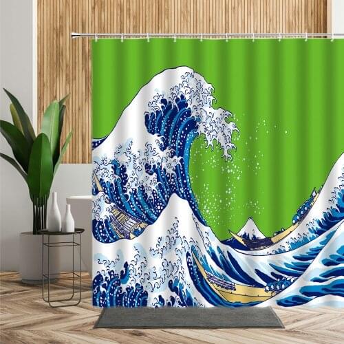 Japan Style Ocean Wave Animal Shower Curtain Sea Birds Cloud Bath Hanging Curtains Waterproof Cloth With Hook Bathroom Decor Set