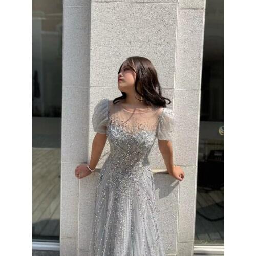 Sliver Gowns Puff Sleeve Fashion Ladies A-line Lace up Eveningdress Luxury Dress1605 For Women Party For Normal