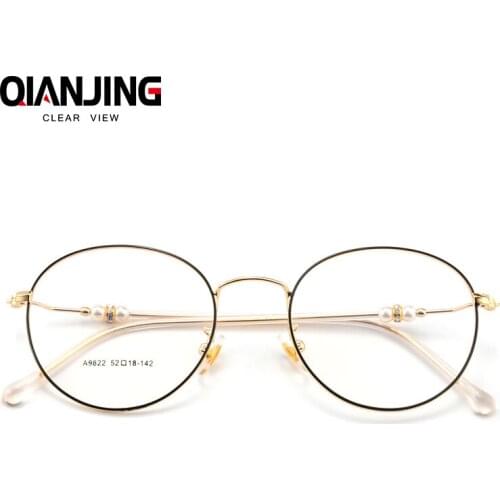 QianJing new fashion pearls eyeglasses frame clear glasses women round spectacle retro vintage myopia glasses oculos de grau
