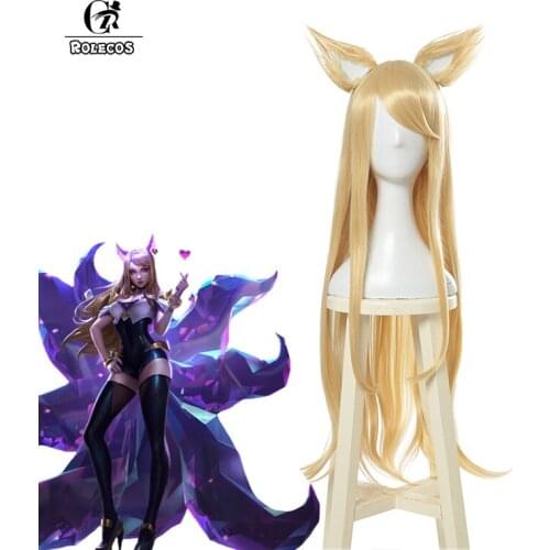 ROLECOS KDA Ahri Cosplay Hair LoL KDA Cosplay Headwear LOL KDA 90CM Yellow Long Women Hair Heat Resistant Synthetic Hair Perucas