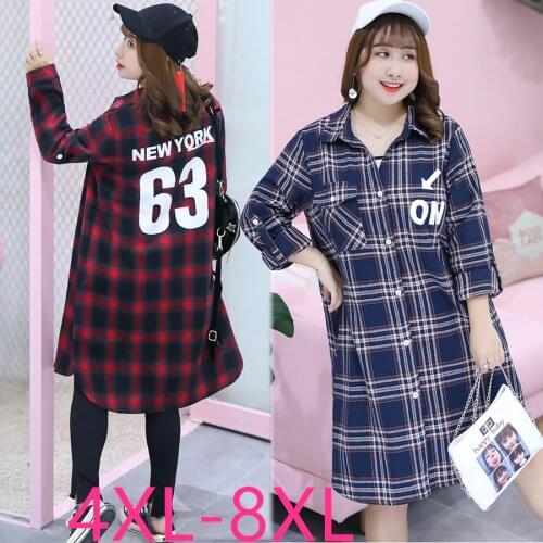 2021 spring autumn winter plus size tops for women long sleeve casual loose print plaid shirt red 4XL 5XL 6XL 7XL 8XL