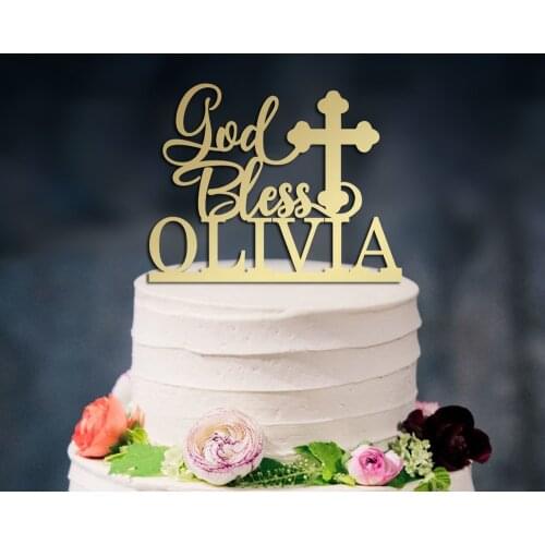 Custom name God Bless Cake Topper,color Acrylic Christening First Holy Communion Cake topper,Baby shower Baptism Decor