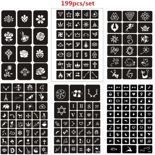 199pcs/set Henna Stencils for Painting Cat Flower Cross Glitter Tattoo Sjablonen DIY Body Art Airbrush Stencil Pochoir Tatouage