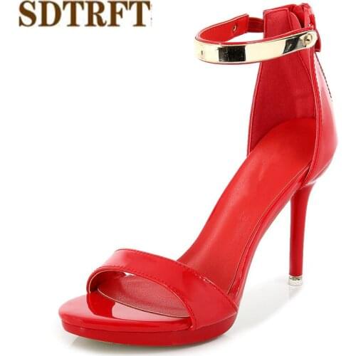 SDTRFT Plus:35-42 43 44 Crossdresser Pumps summer buckle stilettos sexy 10cm thin heels Metal Ankle-strap shoes woman sandals