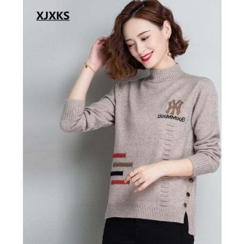 XJXKS 2021 Winter New Fashion Letter Women Turtleneck Sweater High Quality Cashmere Knitted Sweater Women Pullover